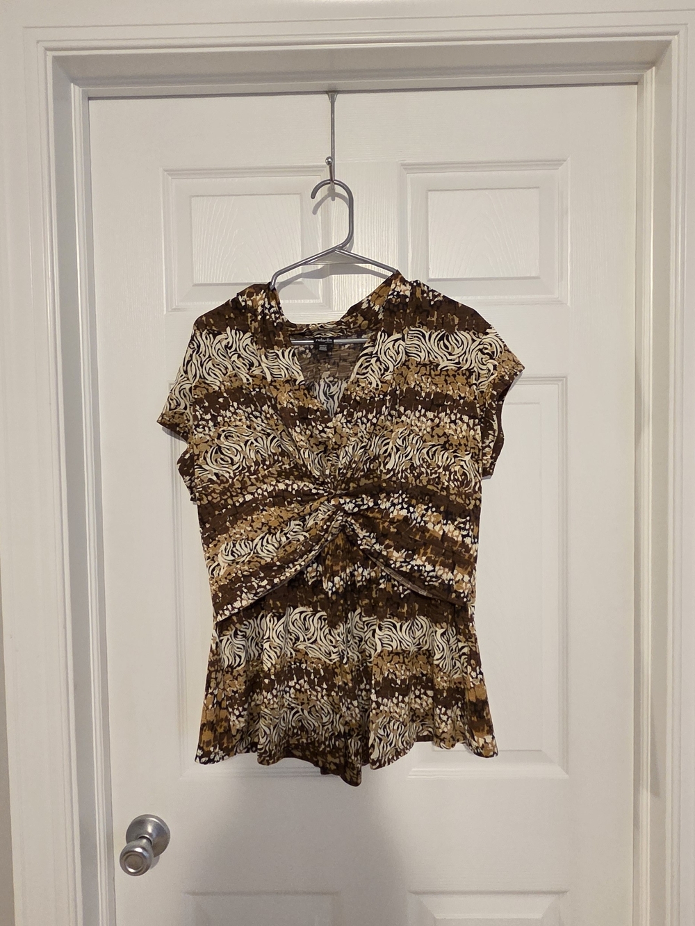 Rafaella Brown Multi-Pattern Twist-Front Blouse
